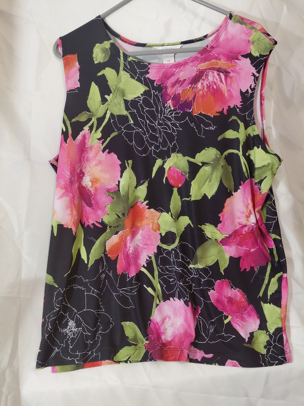 CJ Banks Black Tank Top with Pink & Green Floral Print